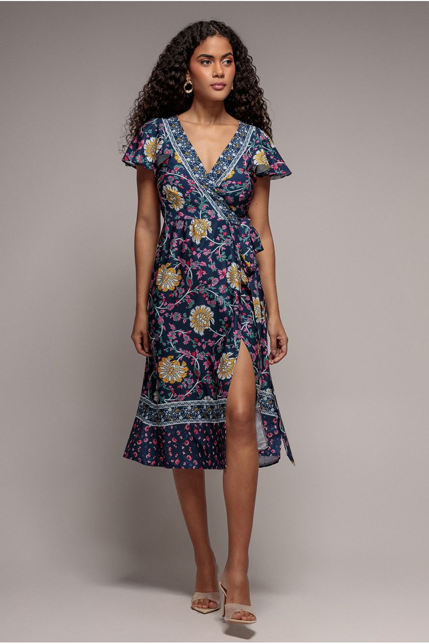 midi wrap dress with flutter sleeves Magenta Flutter Sleeve Belted Wrap Midi Dress 10