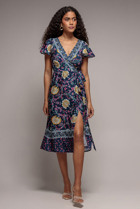 Goddiva Floral Print Wrap Midi With Flutter Sleeves - Navy Print