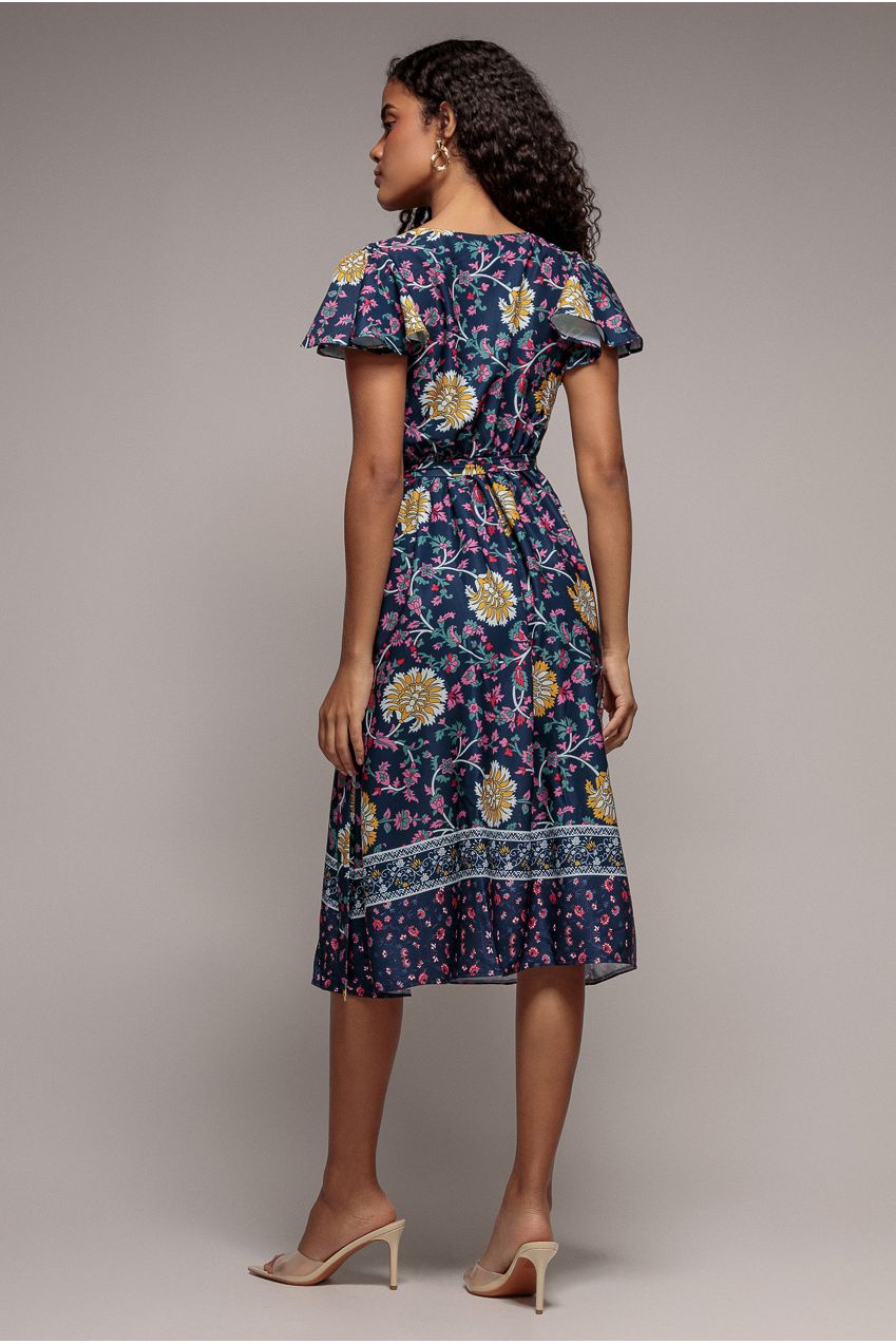 Goddiva Floral Print Wrap Midi With Flutter Sleeves - Navy Print