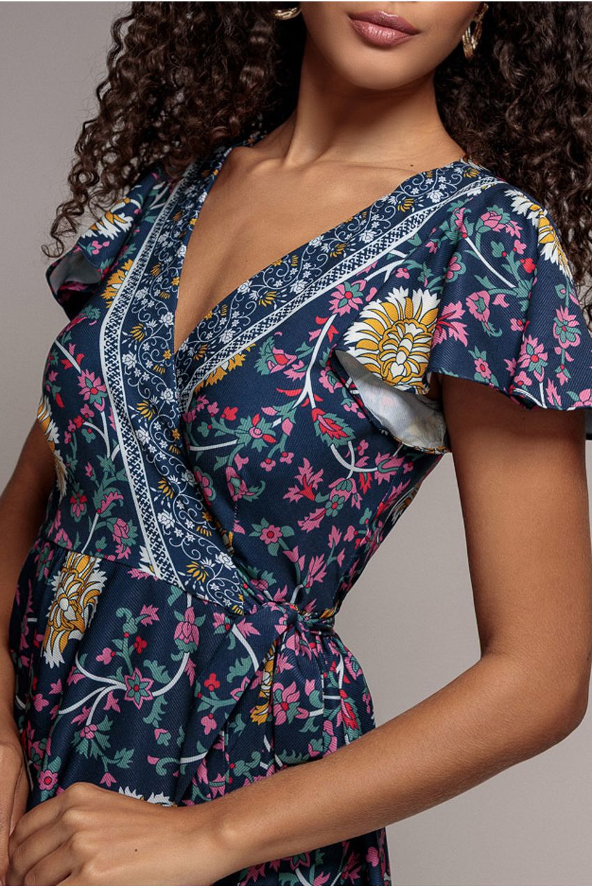 Goddiva Floral Print Wrap Midi With Flutter Sleeves - Navy Print