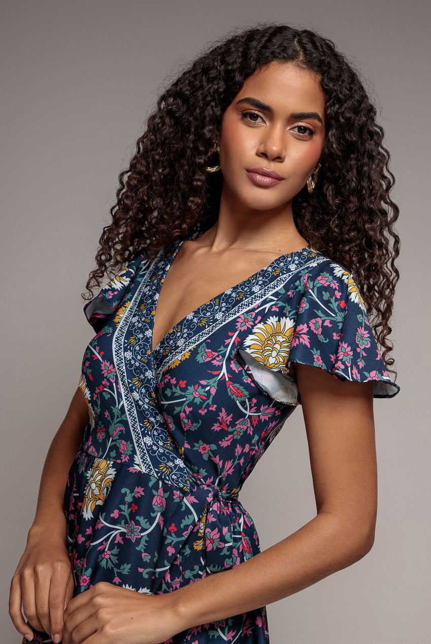 Goddiva Floral Print Wrap Midi With Flutter Sleeves - Navy Print