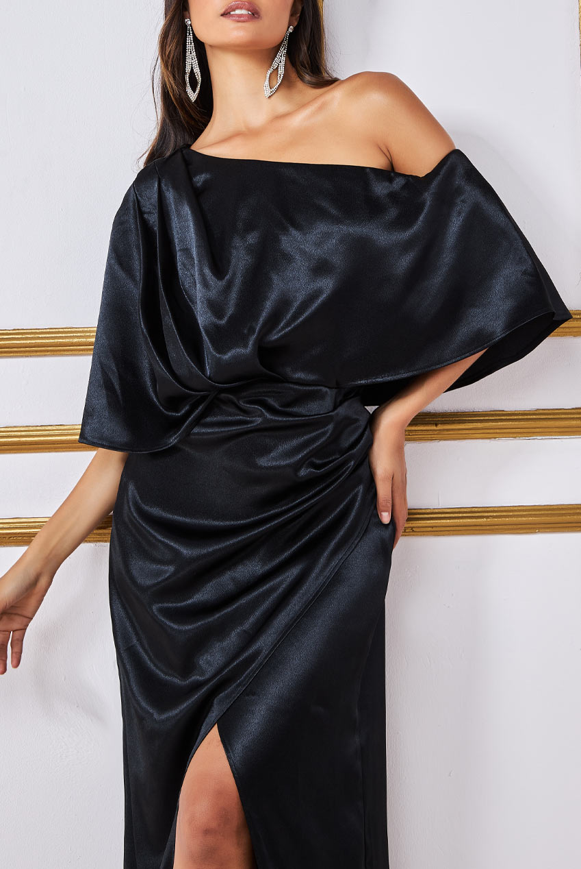 Goddiva Satin Drape Shoulder Wrap Maxi Dress - Black