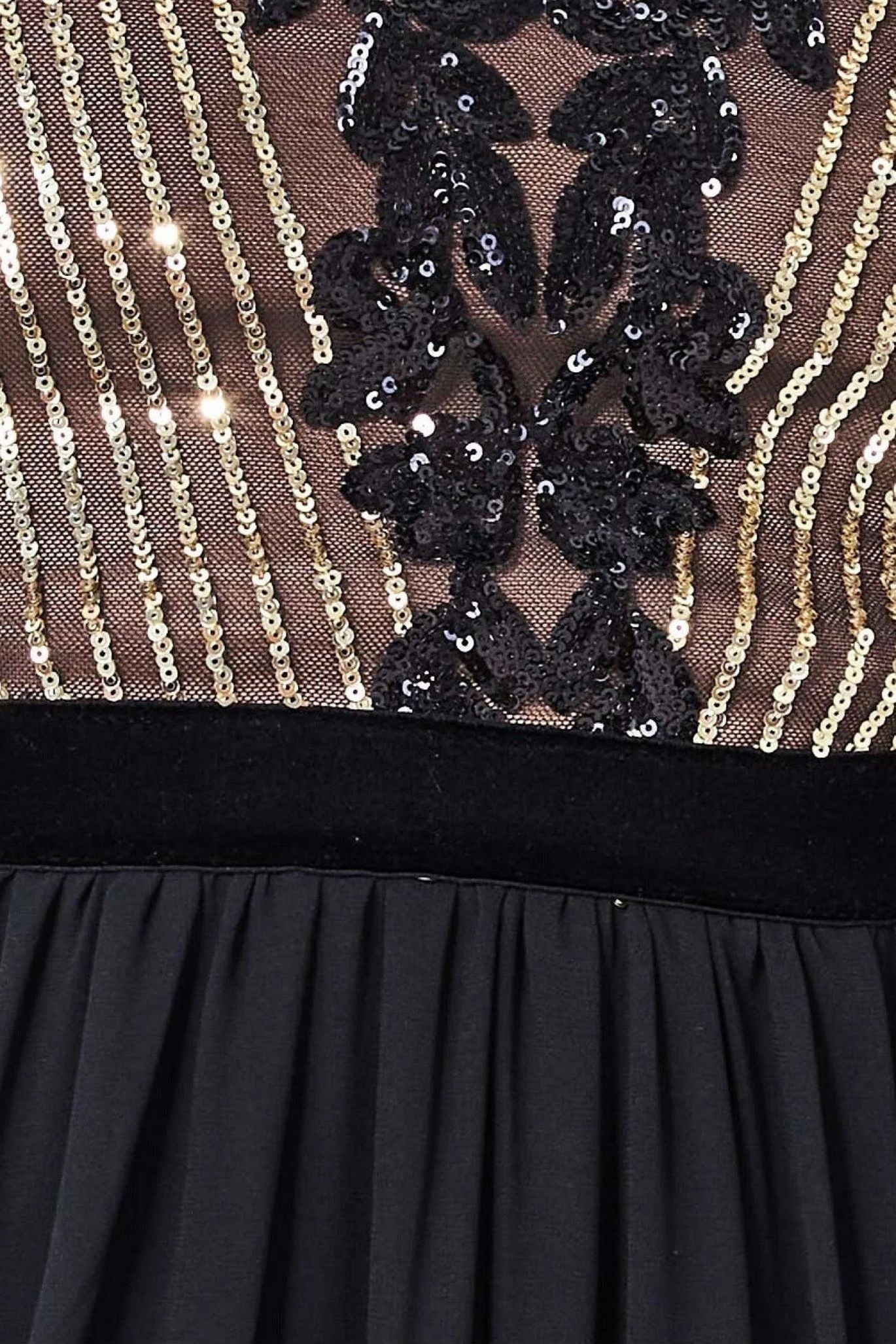 Goddiva Sequin Mesh Bodice Maxi Dress - Black