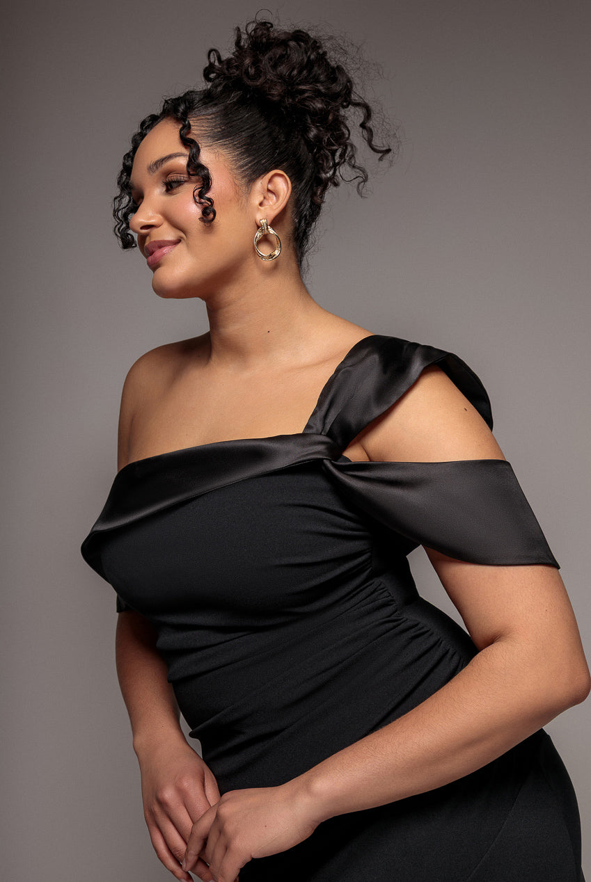 Goddiva Plus One Shoulder Satin Band Maxi Dress - Black