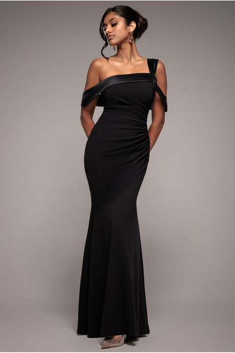 Goddiva One Shoulder Satin Band Maxi Dress - Black