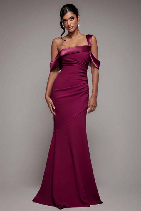 Goddiva One Shoulder Satin Band Maxi Dress - Burgundy
