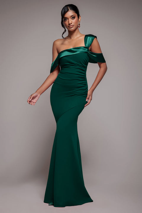 Goddiva One Shoulder Satin Band Maxi Dress - Emerald Green