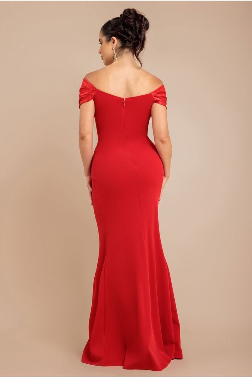 Goddiva Satin & Scuba Off The Shoulder Maxi Dress - Red