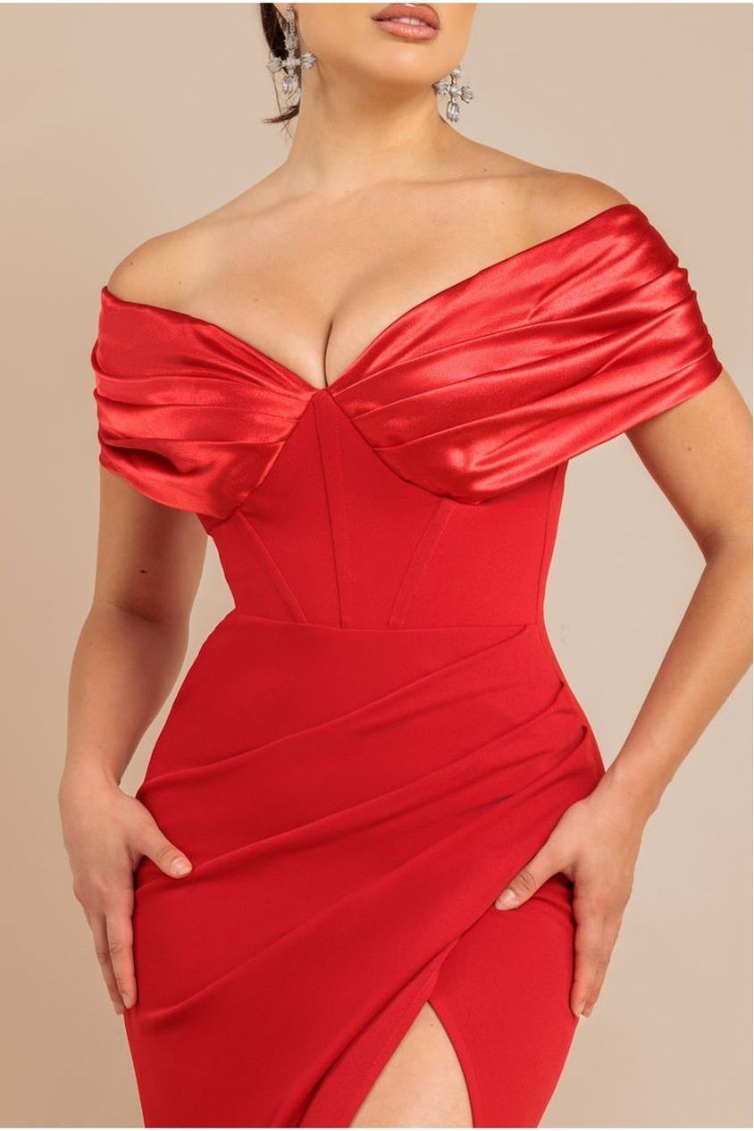Goddiva Satin & Scuba Off The Shoulder Maxi Dress - Red