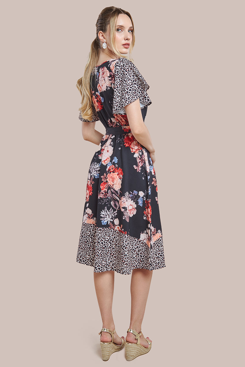Goddiva Flutter Sleeve Printed Midi Dress - Leopard Print