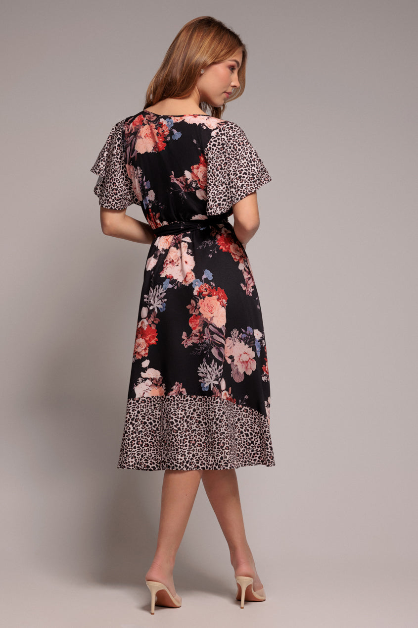 Goddiva Flutter Sleeve Printed Midi Dress - Leopard Print