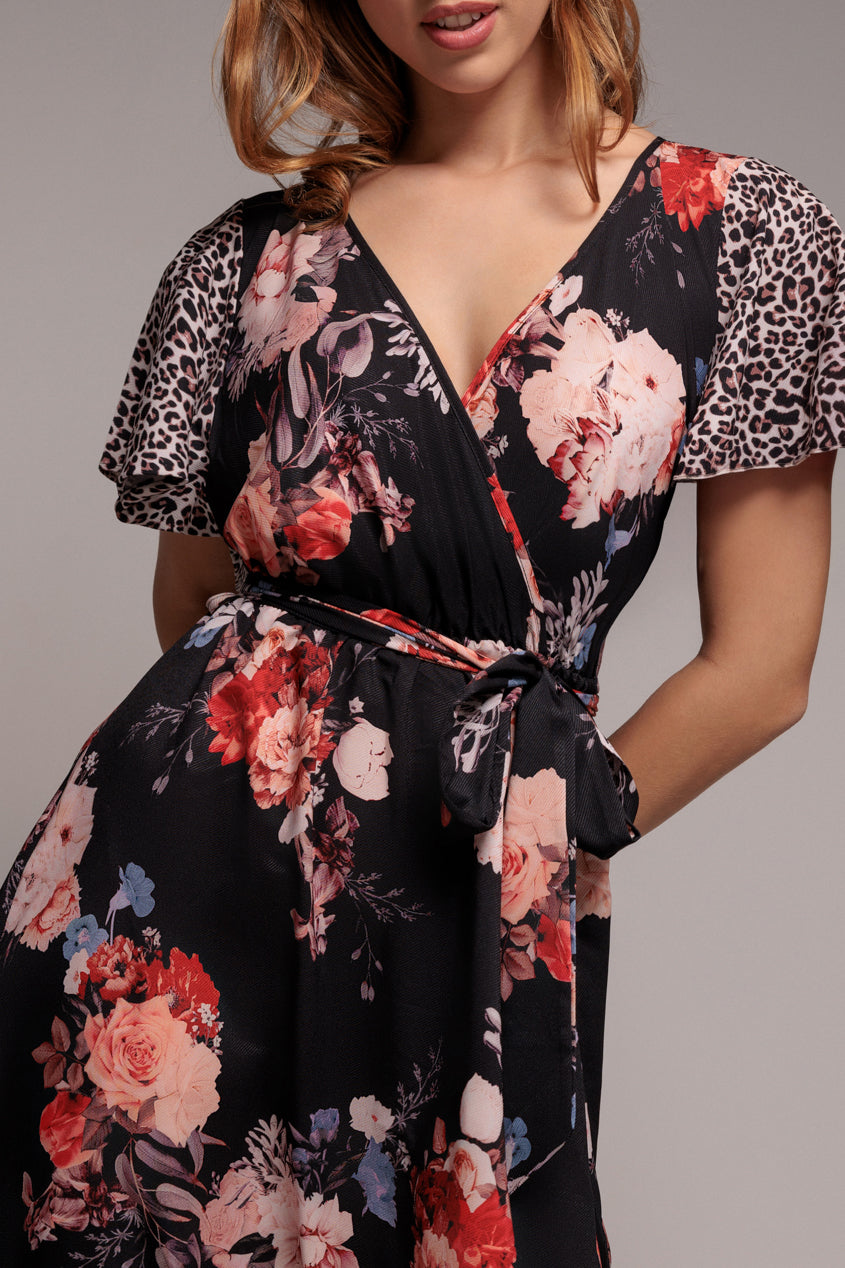 Goddiva Flutter Sleeve Printed Midi Dress - Leopard Print