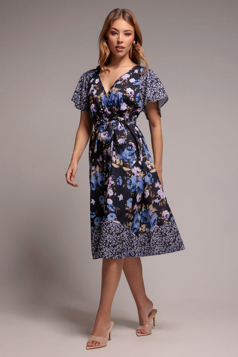 Goddiva Flutter Sleeve Printed Midi Dress - Navy Print