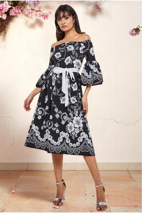 Goddiva Printed Off The Shoulder Midi Dress - Black