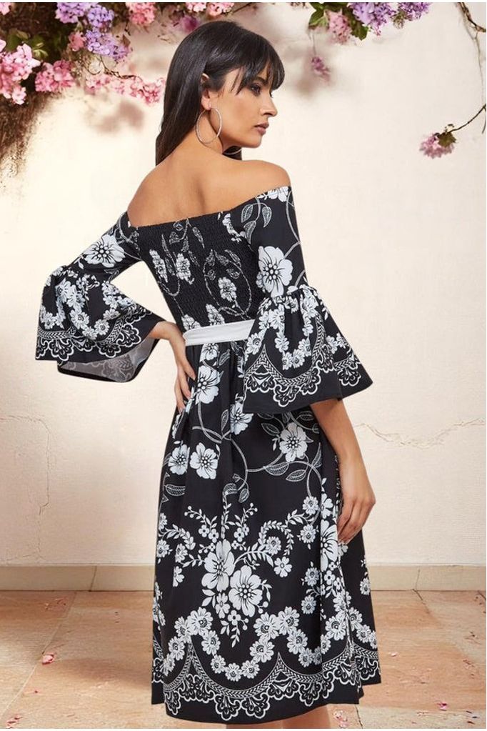 Goddiva Printed Off The Shoulder Midi Dress - Black