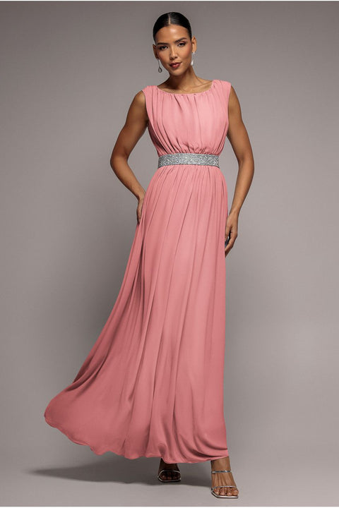 Goddiva Chiffon Maxi With Embellished Belt - Peach