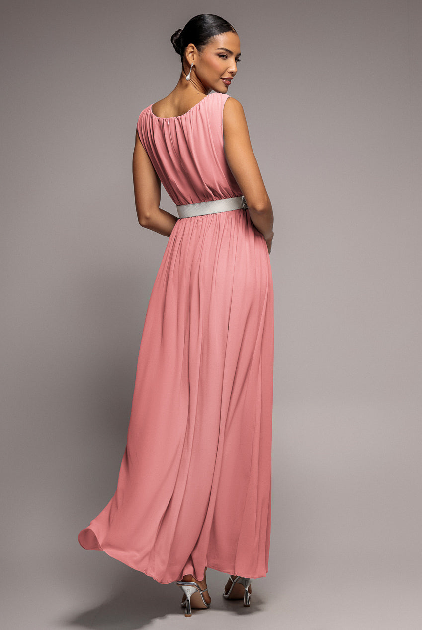 Goddiva Chiffon Maxi With Embellished Belt - Peach
