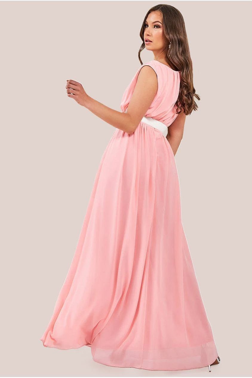 Goddiva Chiffon Maxi With Embellished Belt - Peach