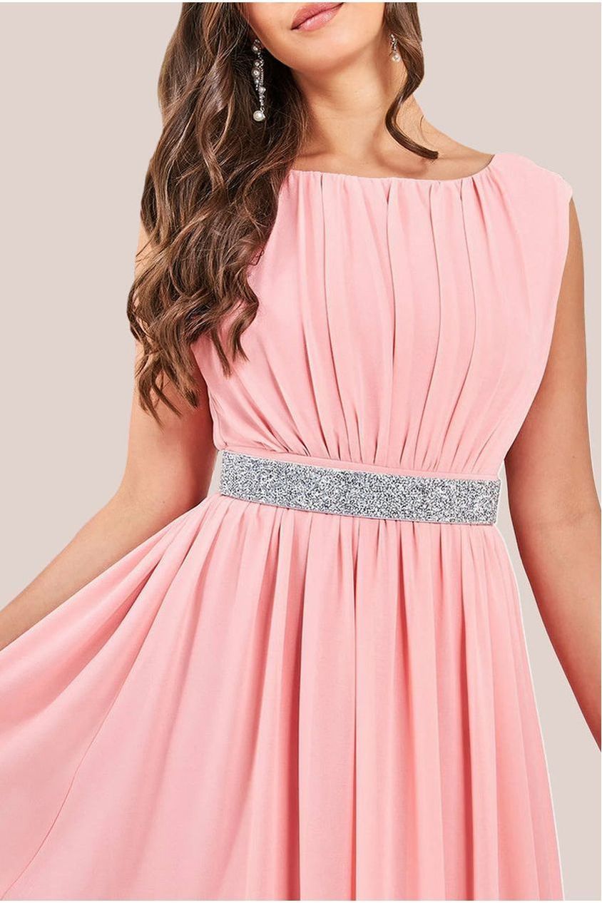 Goddiva Chiffon Maxi With Embellished Belt - Peach