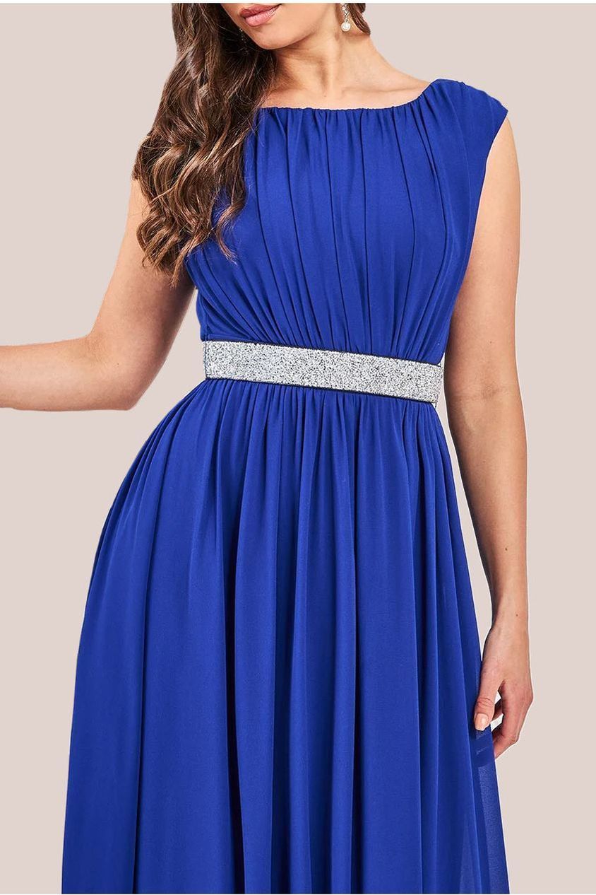 Goddiva Chiffon Maxi With Embellished Belt - Royal Blue
