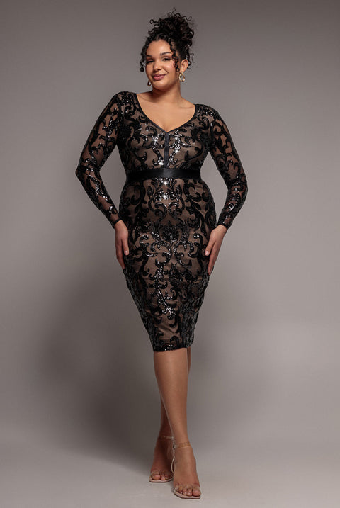 Goddiva Plus Sequin & Mesh Midi Dress - Black