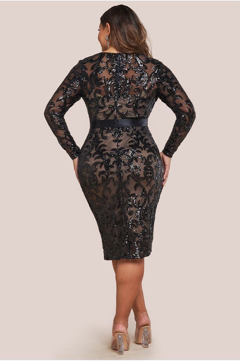 Goddiva Plus Sequin & Mesh Midi Dress - Black