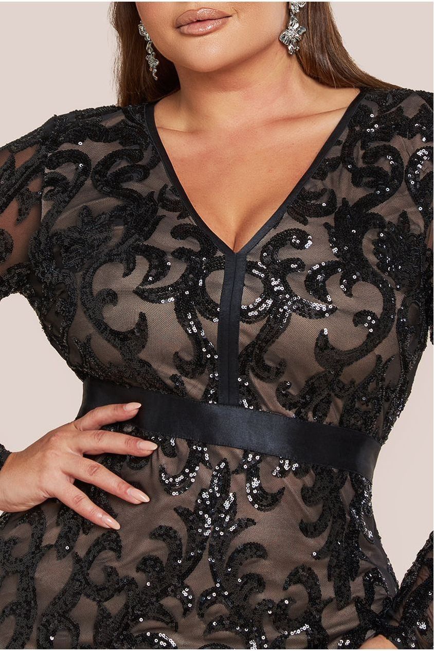 Goddiva Plus Sequin & Mesh Midi Dress - Black