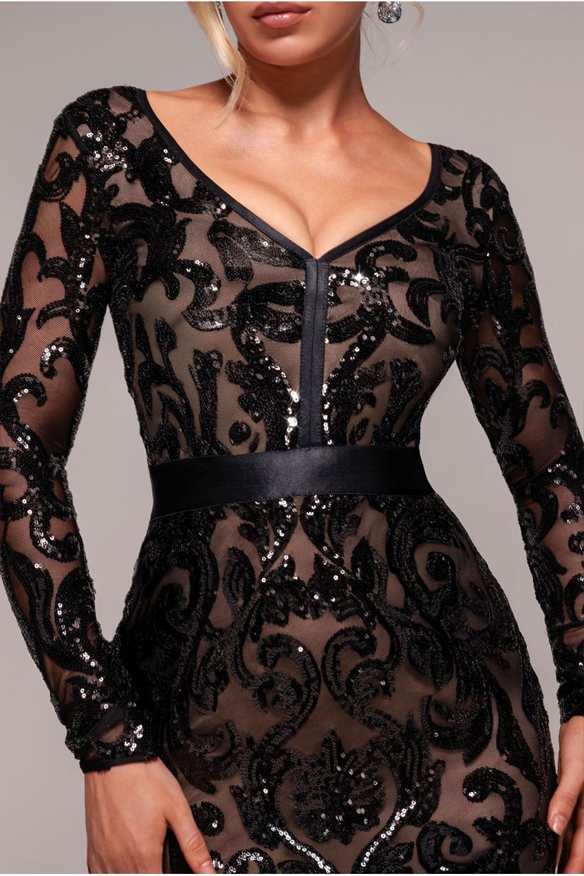 Goddiva Sequin & Mesh Midi Dress - Black