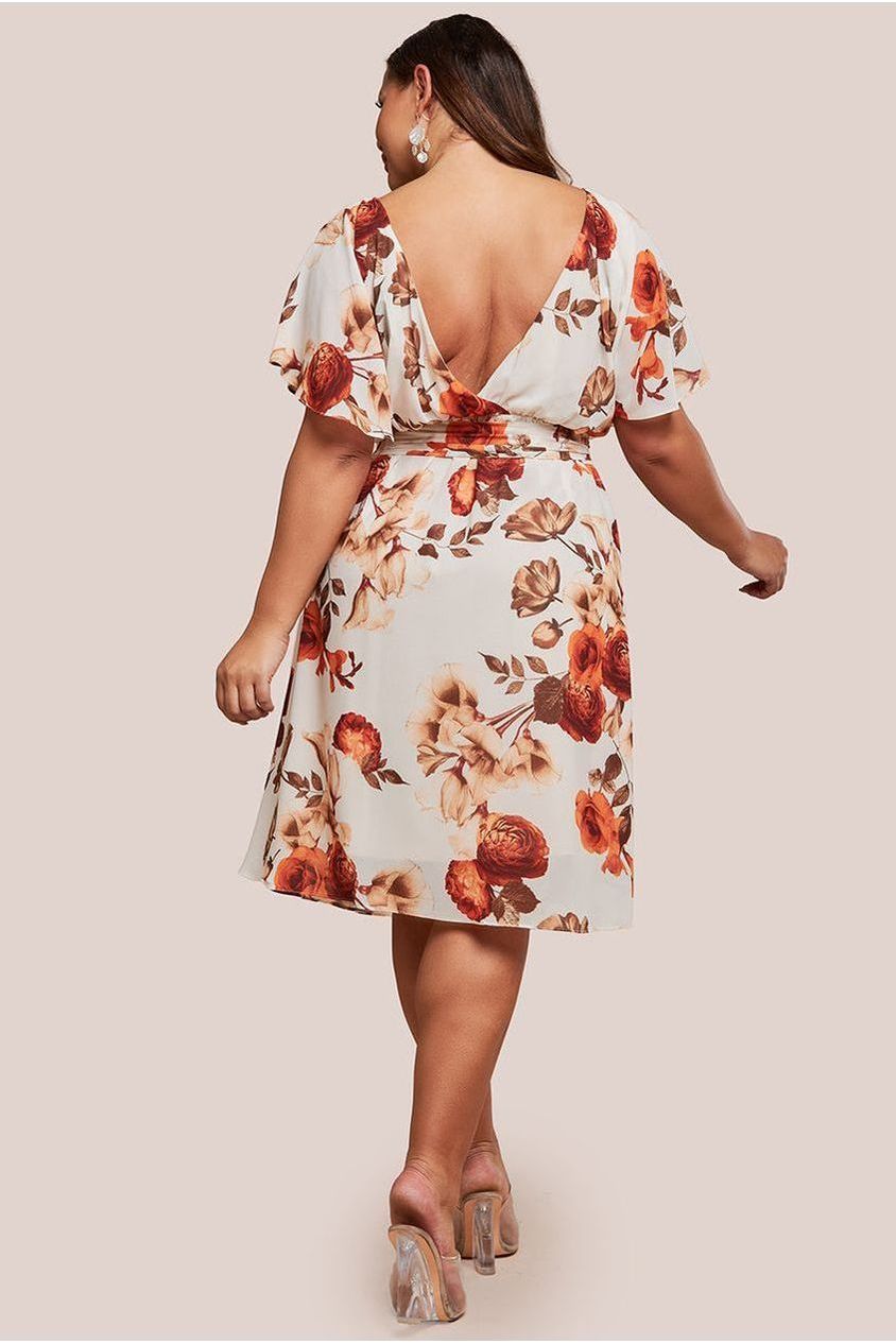 Goddiva Plus Wrap Back Flutter Sleeve Midi Dress - Beige