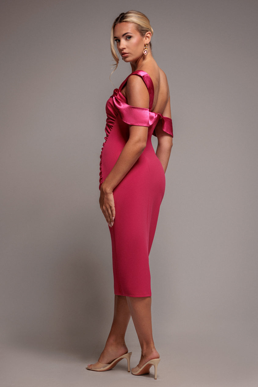 Goddiva One Shoulder Satin Band Bodycon Midi Dress - Magenta