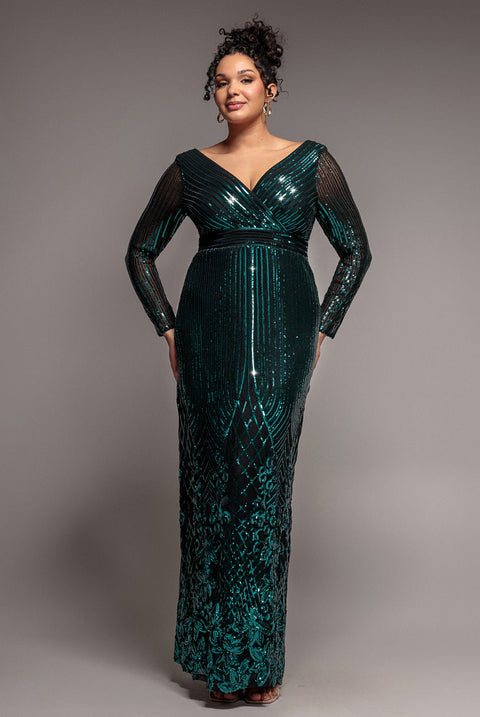 Goddiva Plus Long Sleeve Sequin V Wrap Maxi Dress - Emerald Green