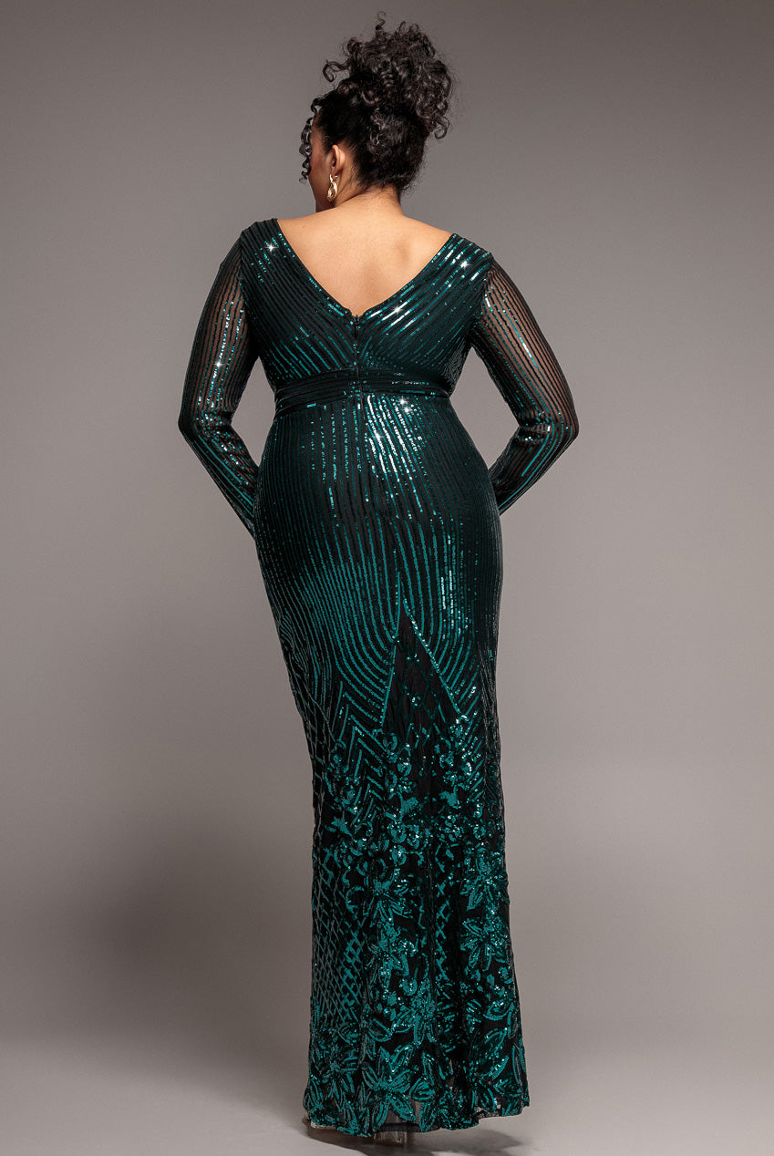 Goddiva Plus Long Sleeve Sequin V Wrap Maxi Dress - Emerald Green