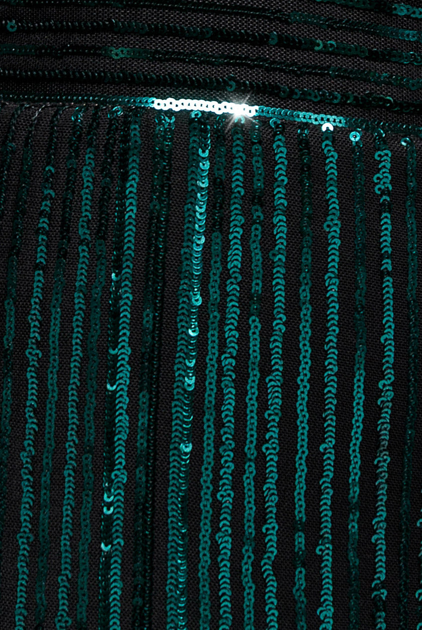 Goddiva Plus Long Sleeve Sequin V Wrap Maxi Dress - Emerald Green