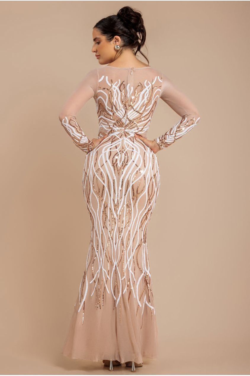 Goddiva Long Sleeve Sequin Flame Maxi - Champagne