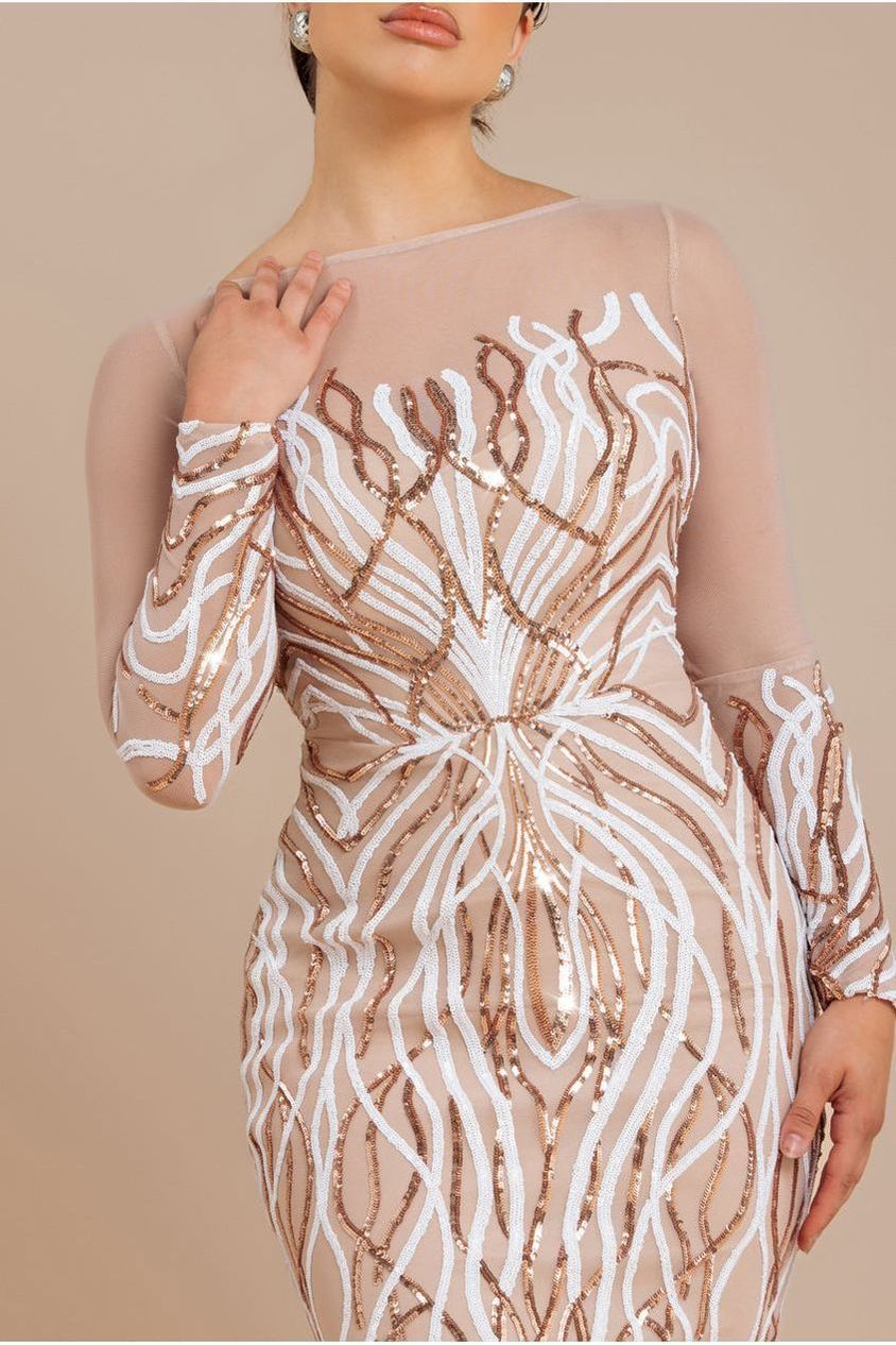 Goddiva Long Sleeve Sequin Flame Maxi - Champagne
