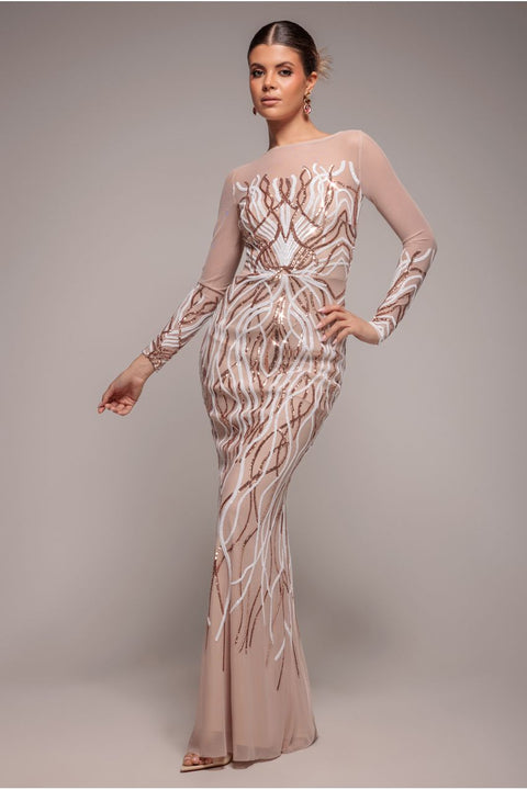 Goddiva Long Sleeve Sequin Flame Maxi - Champagne
