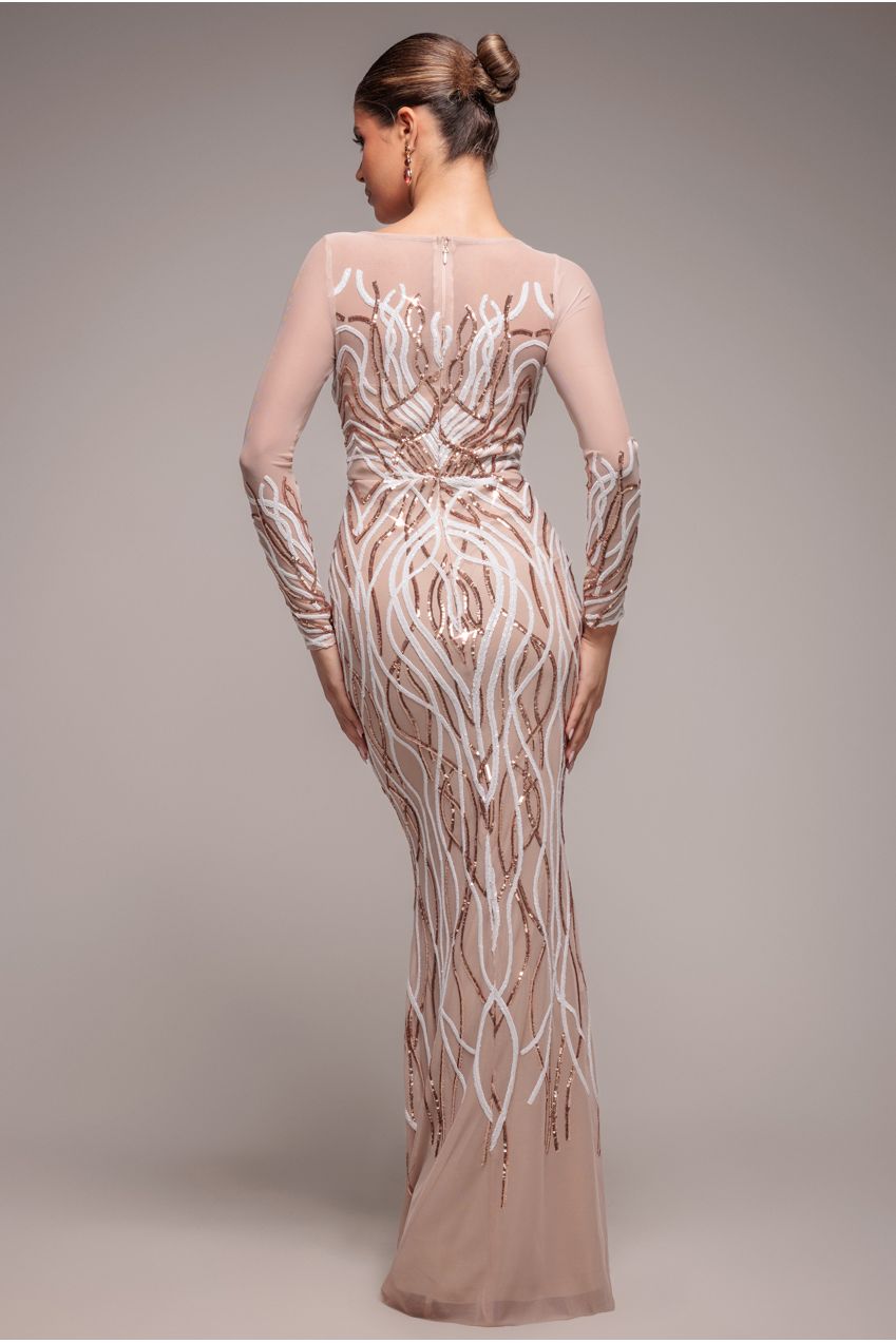 Goddiva Long Sleeve Sequin Flame Maxi - Champagne