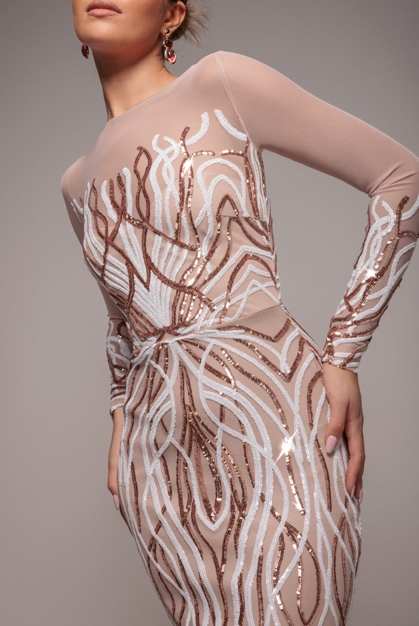 Goddiva Long Sleeve Sequin Flame Maxi - Champagne