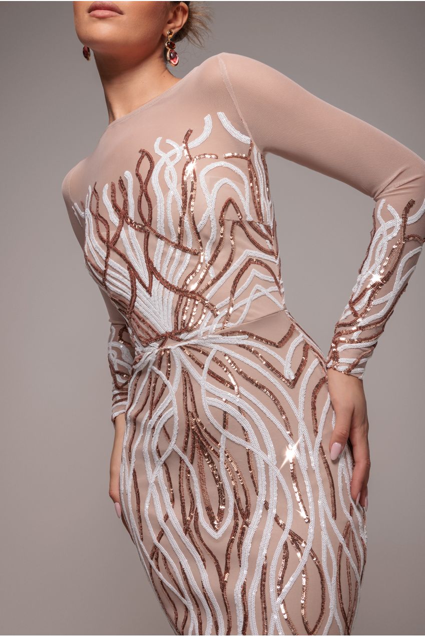 Goddiva Long Sleeve Sequin Flame Maxi - Champagne