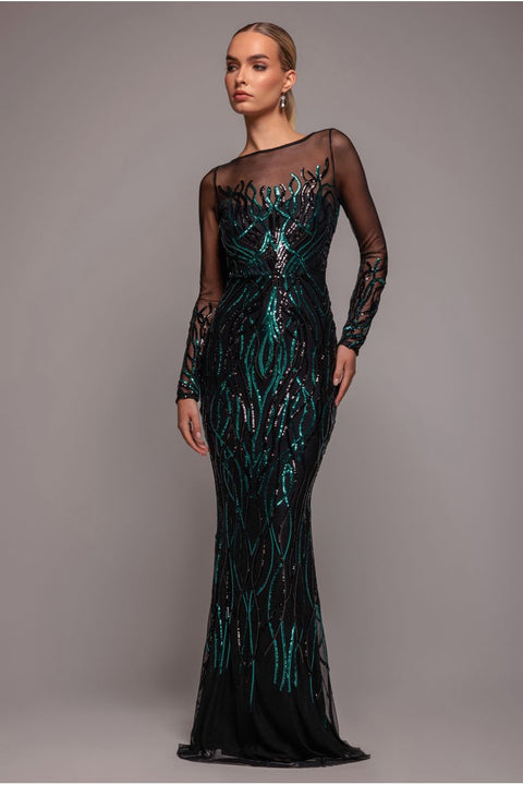 Goddiva Long Sleeve Sequin Flame Maxi - Emerald Green