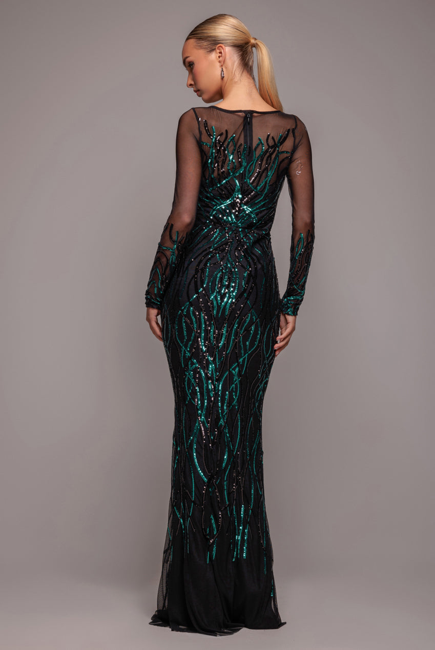 Goddiva Long Sleeve Sequin Flame Maxi - Emerald Green