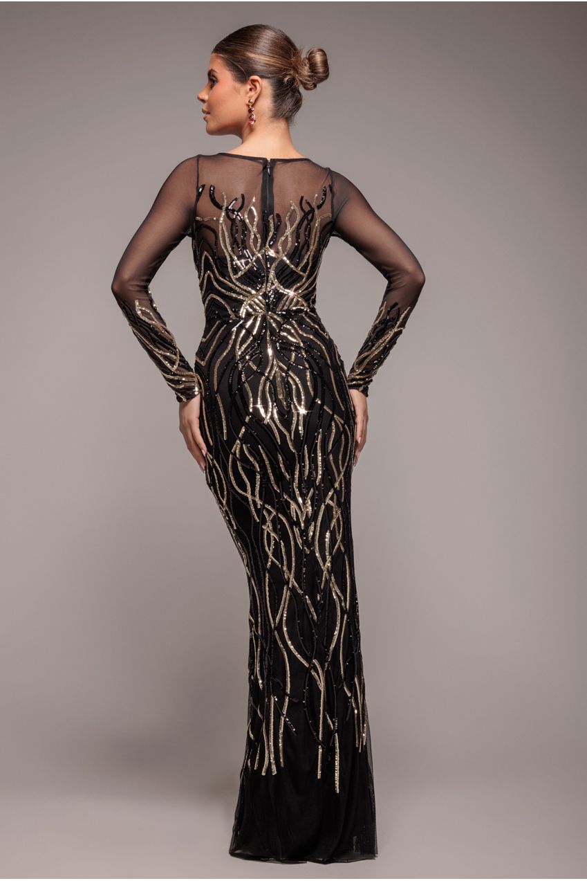 Goddiva Long Sleeve Sequin Flame Maxi - Gold