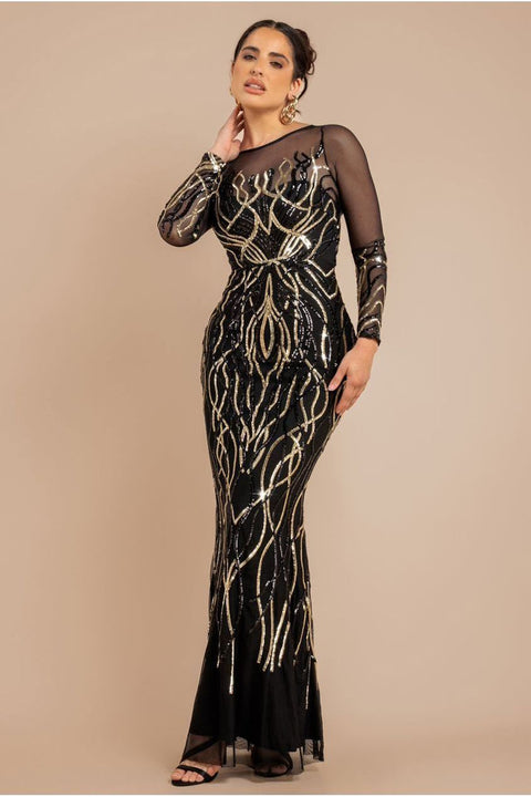 Goddiva Long Sleeve Sequin Flame Maxi - Gold