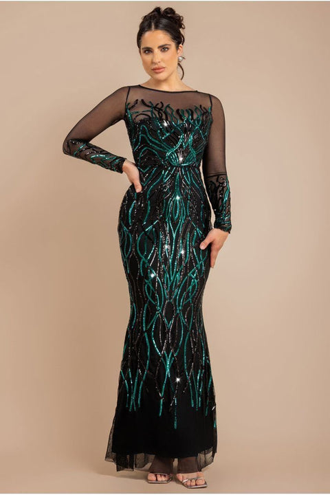 Goddiva Long Sleeve Sequin Flame Maxi - Emerald Green