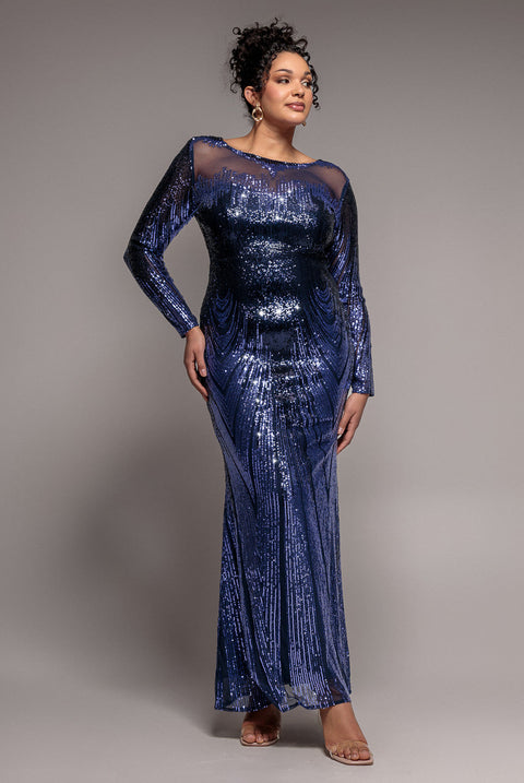 Goddiva Plus Long Sleeve Aztec Sequin Maxi Dress - Navy