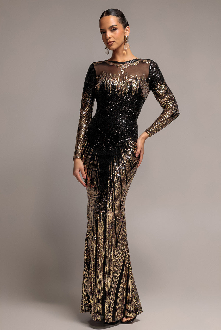 Goddiva Long Sleeve Aztec Sequin Maxi Dress - Gold