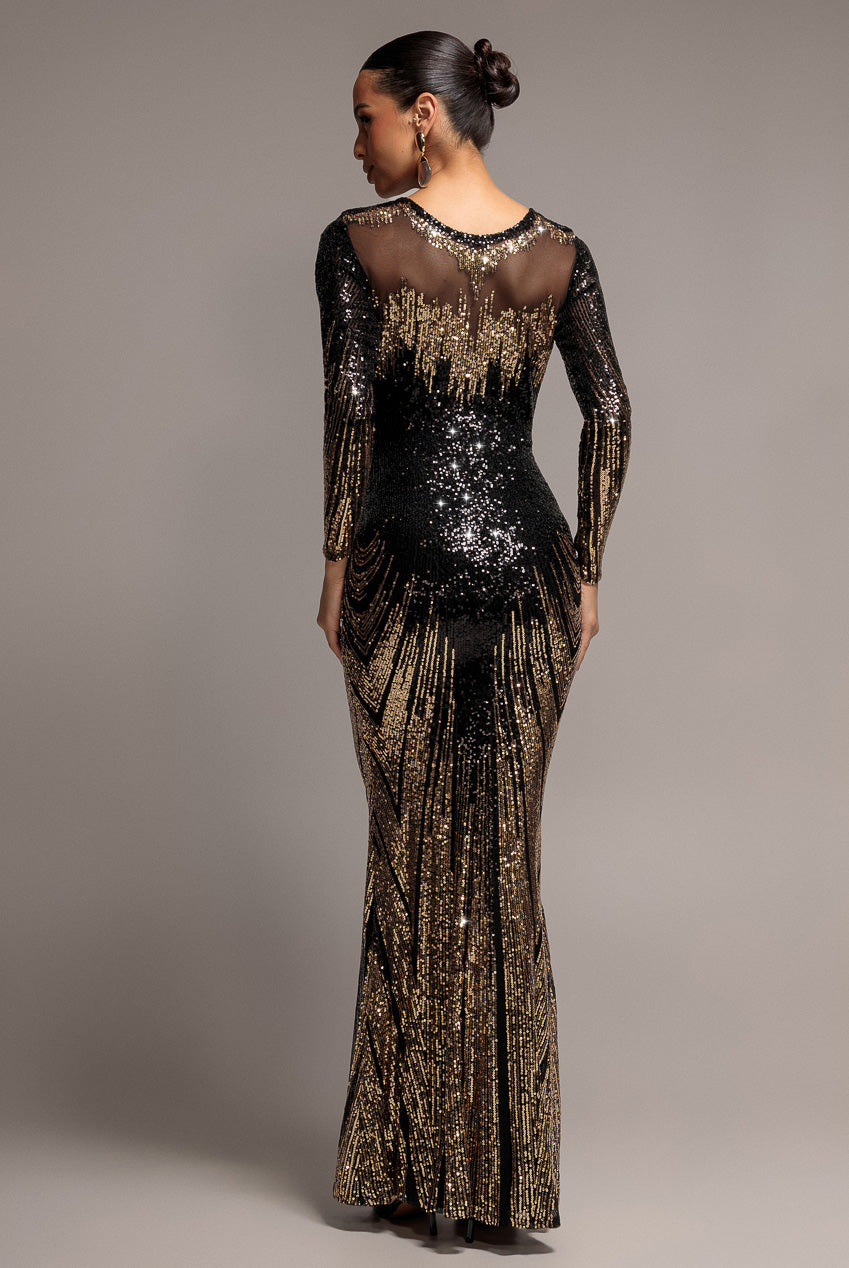 Goddiva Long Sleeve Aztec Sequin Maxi Dress - Gold