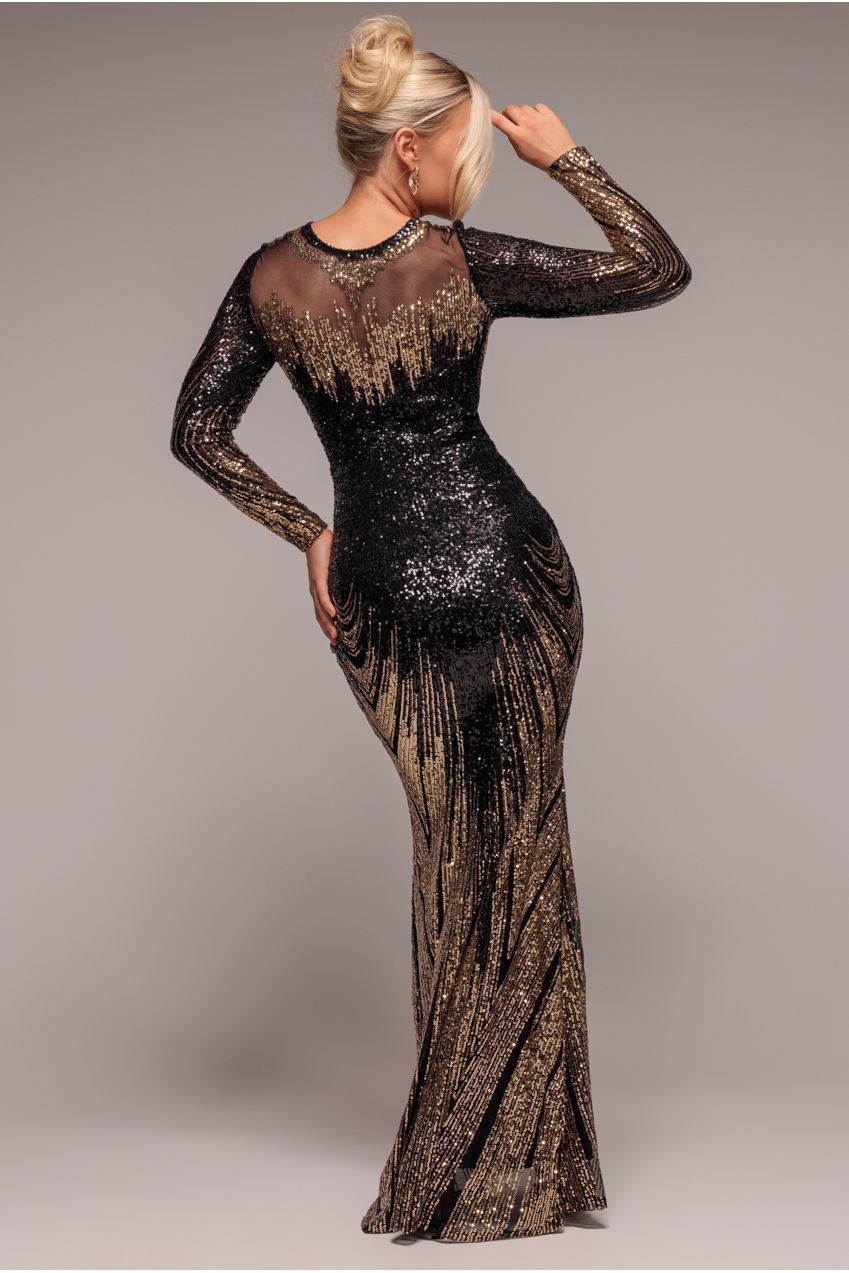 Goddiva Long Sleeve Aztec Sequin Maxi Dress - Gold