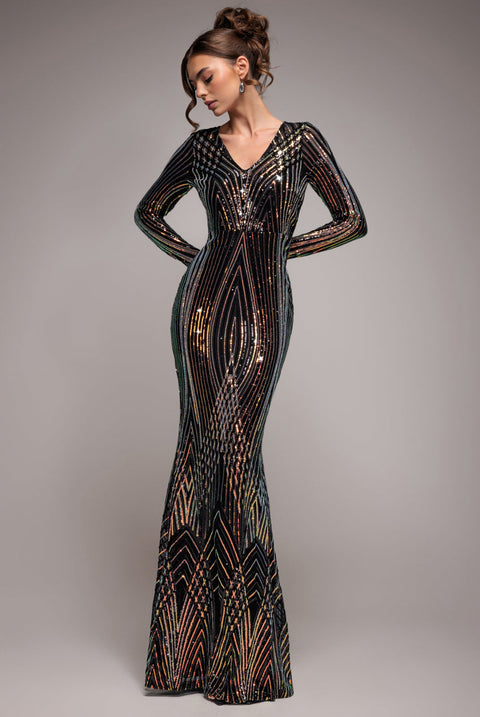 Goddiva Two Toned V Neck Sequin Maxi - Black