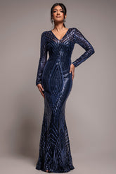 Goddiva Two Toned V Neck Sequin Maxi - Navy